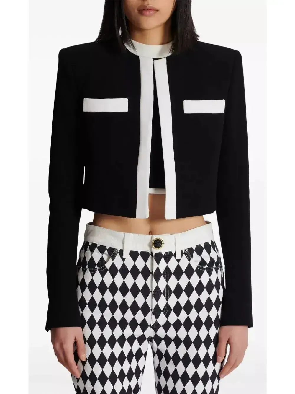 Black with White Trim Cropped Blazer Jacket