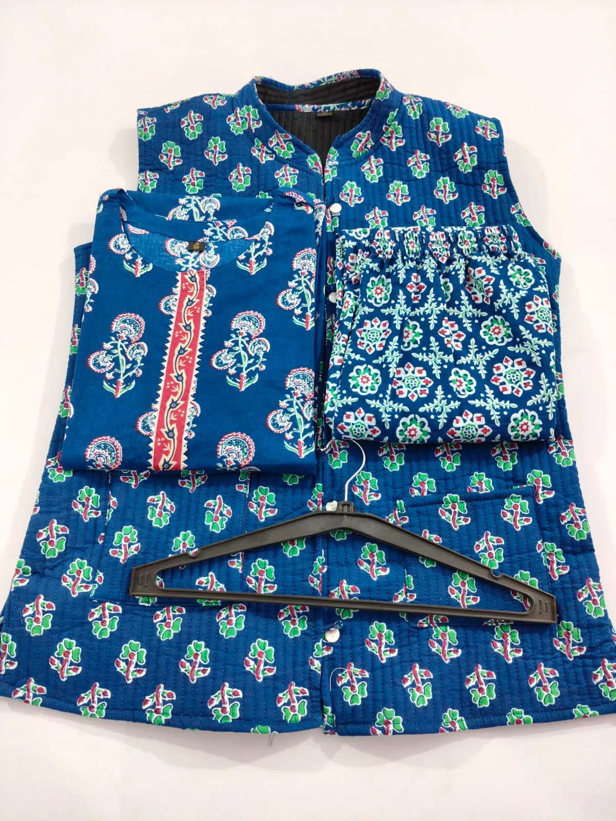 Blue Cotton Kurti, Pant and Quilted Cotton jacket (Set of 3)