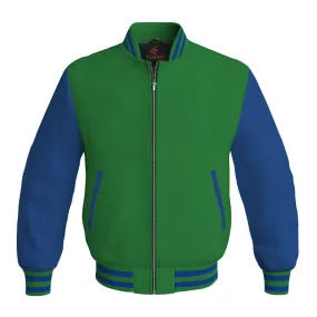 Bomber Jacket Women Green Body and Blue Leather Sleeves Bomber Jacket