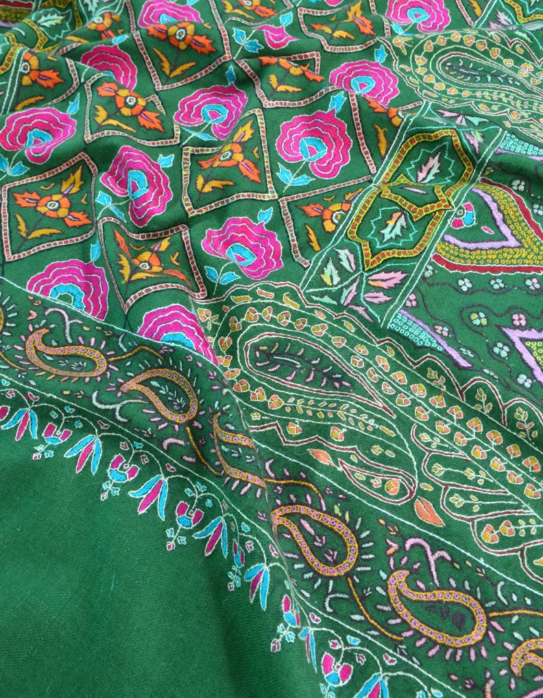 Bottle Green Pashmina Shawl With Sozni & Papermachie Work 5384