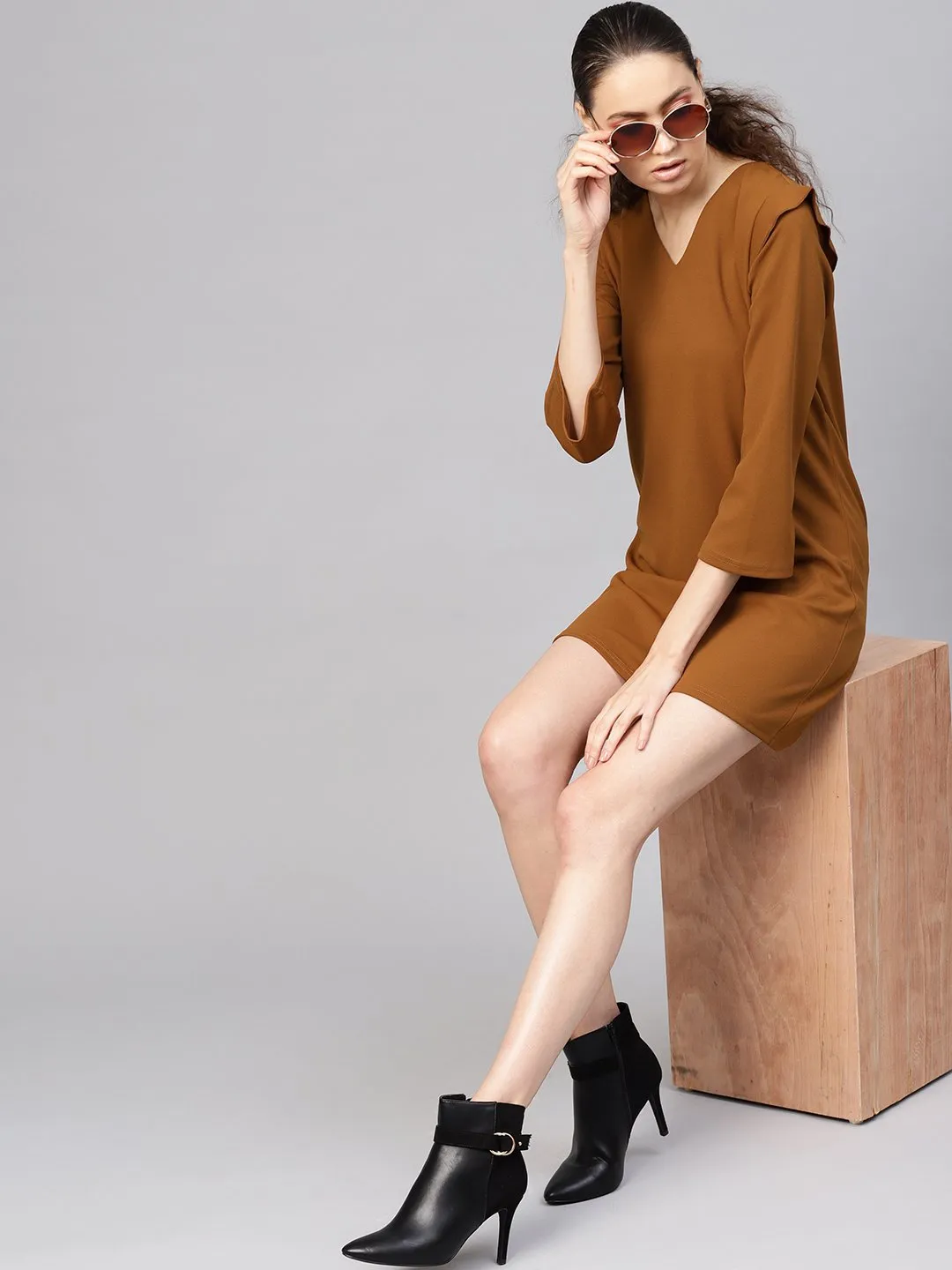 Brown V-Neck Shift Dress