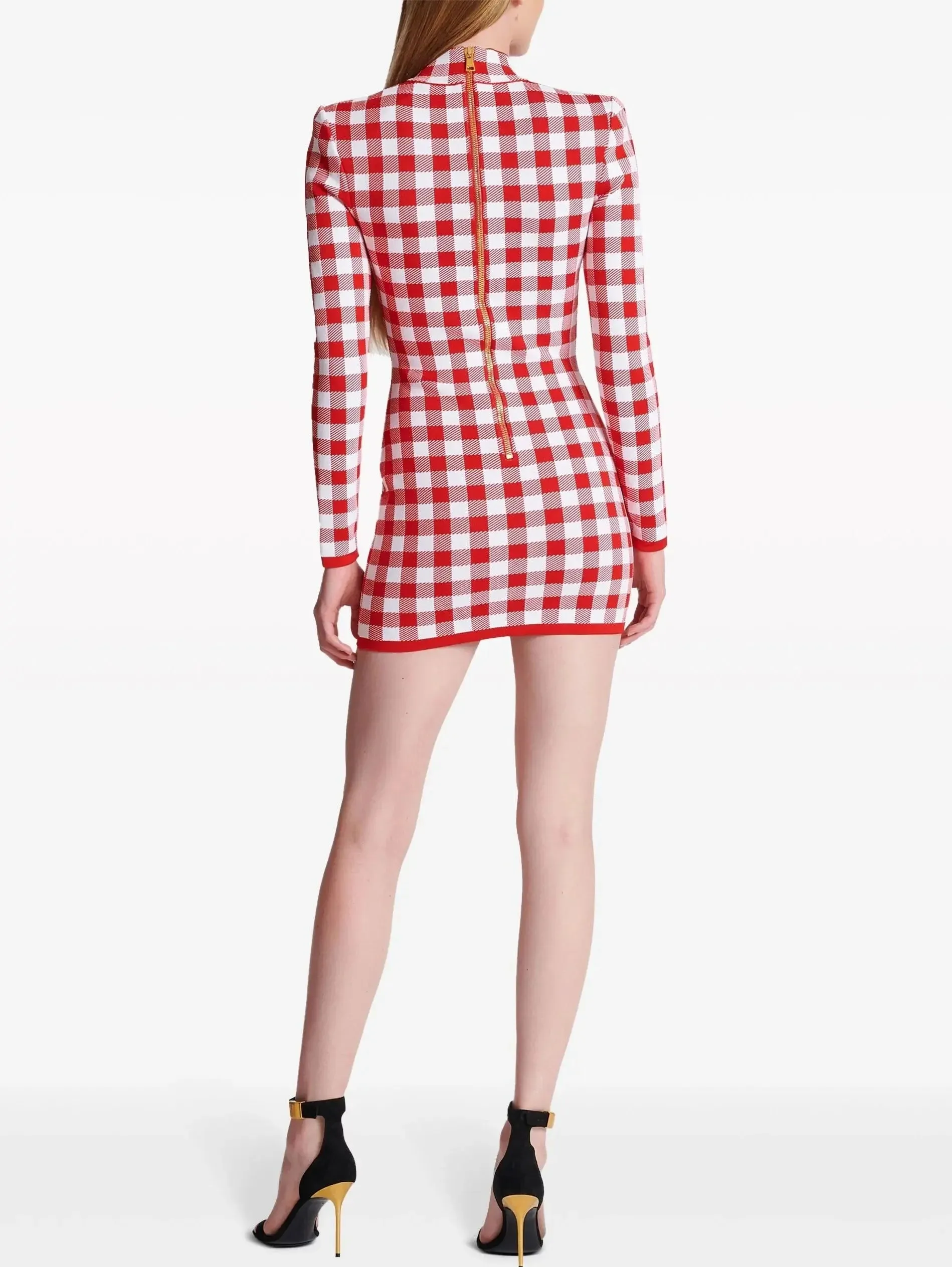 Button-Embellished Gingham Knit Stretch Mini Dress