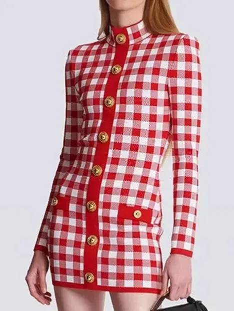 Button-Embellished Gingham Knit Stretch Mini Dress