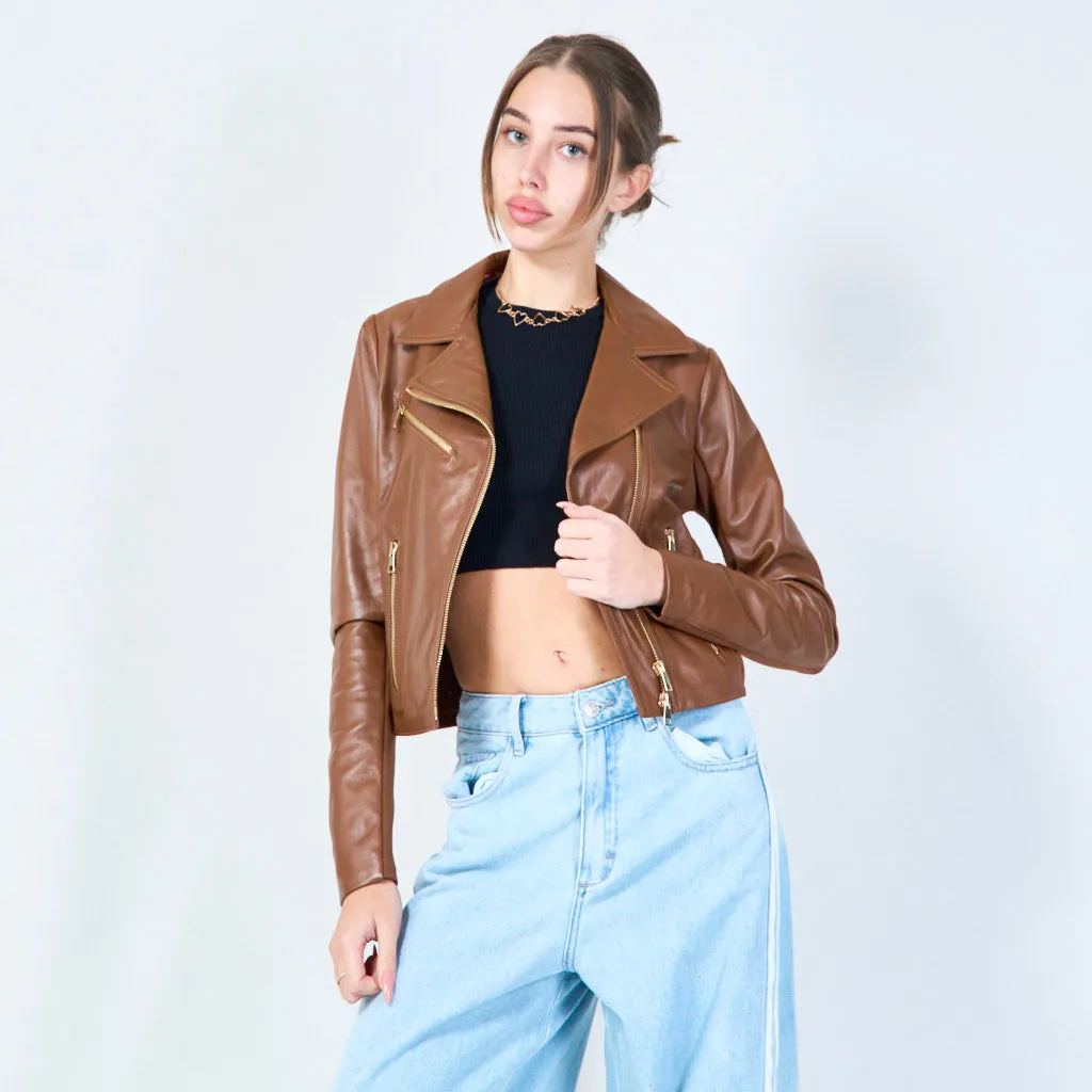 Chic cropped moto leather jacket wholesale