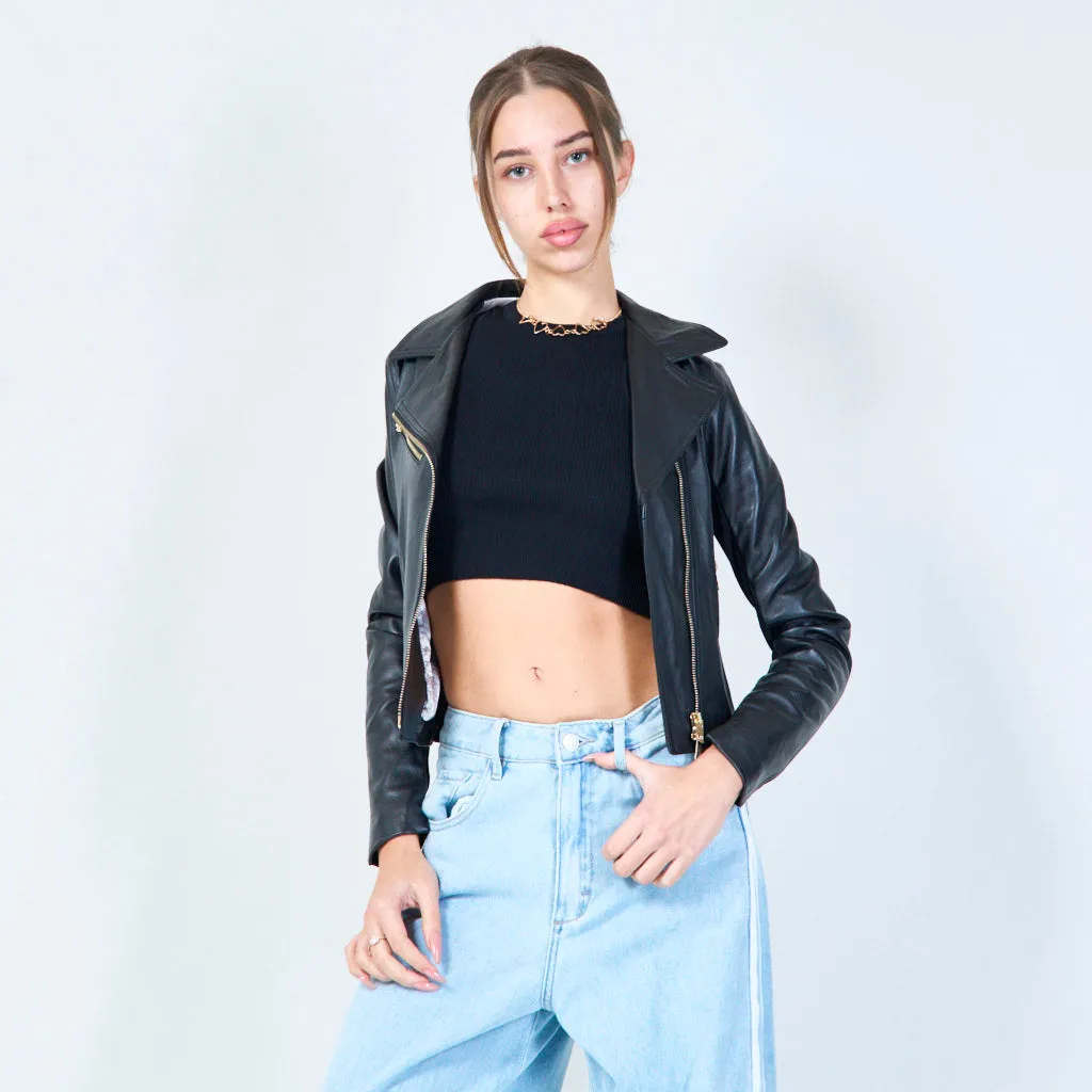 Chic cropped moto leather jacket wholesale