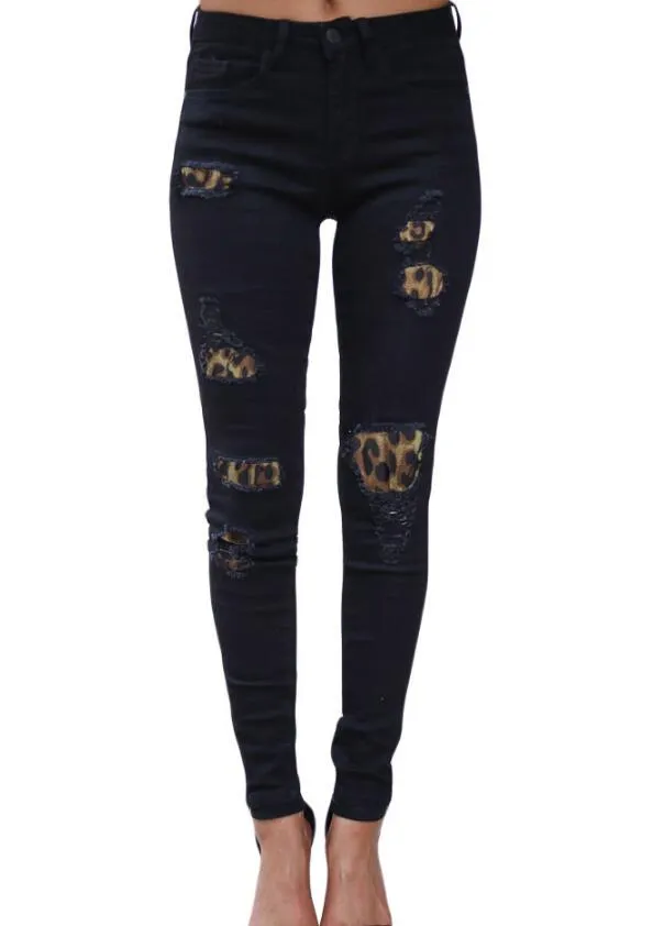 Chic Sexy Super Elastic Fashion Leopard Print Hole Patch Women Skinny Denim Jeans