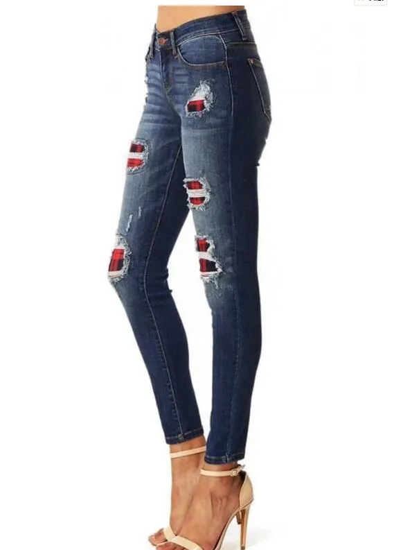 Chic Sexy Super Elastic Fashion Leopard Print Hole Patch Women Skinny Denim Jeans