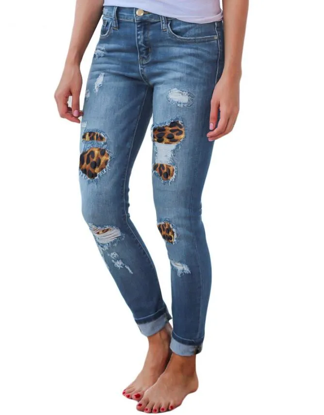 Chic Sexy Super Elastic Fashion Leopard Print Hole Patch Women Skinny Denim Jeans