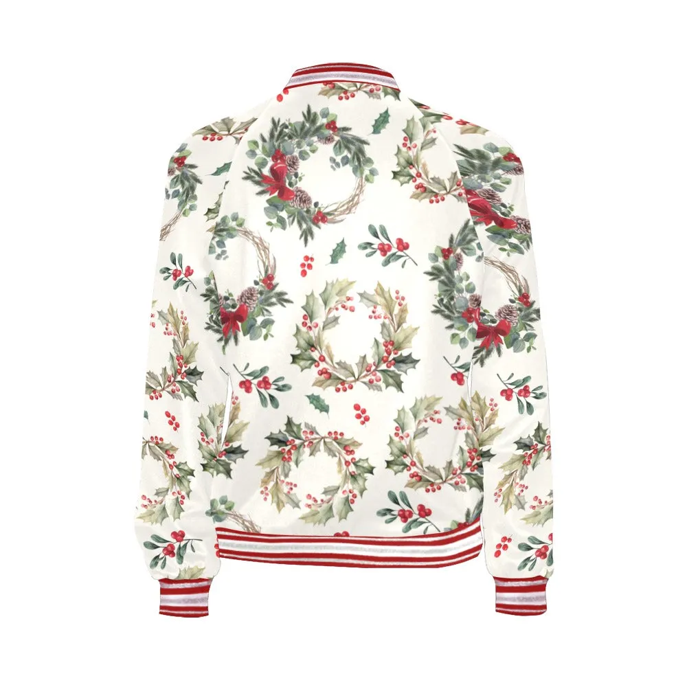 Christmas Wreath Pattern Bomber Jacket for Women