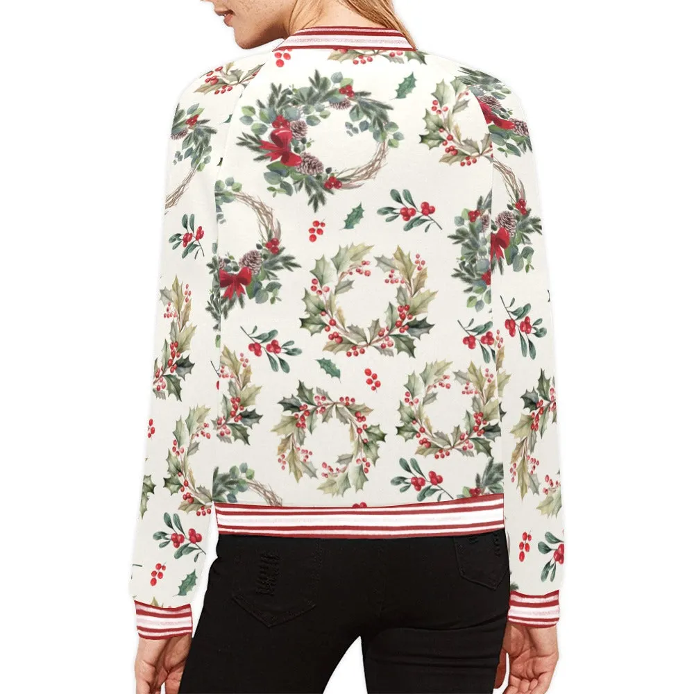 Christmas Wreath Pattern Bomber Jacket for Women