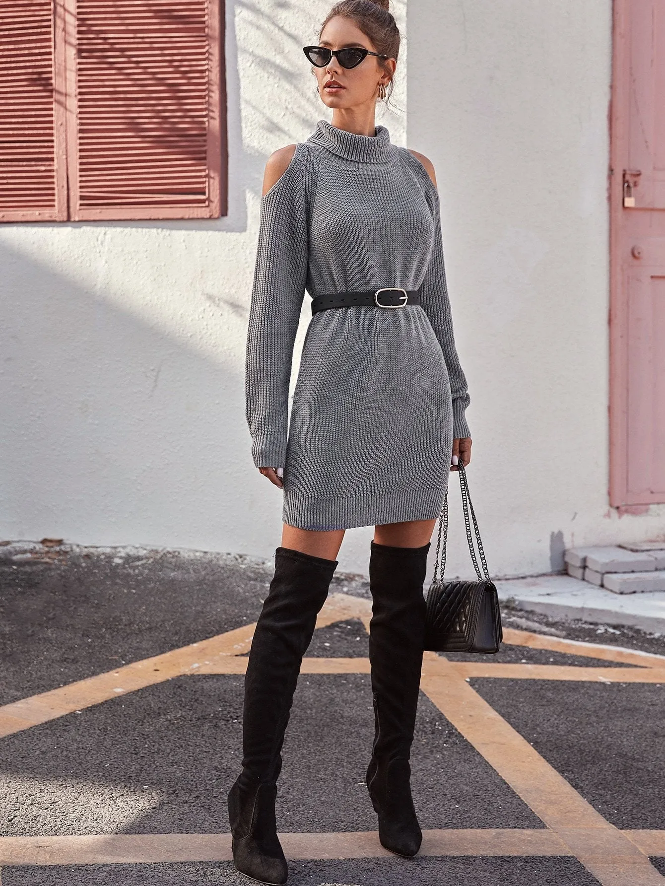 Cold Shoulder Raglan Sleeve Turtleneck Jumper Dress Without Belt