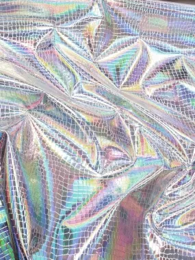 Crocodile Holographic Embossed PVC Vinyl Fabric / Silver / Sold By The Yard