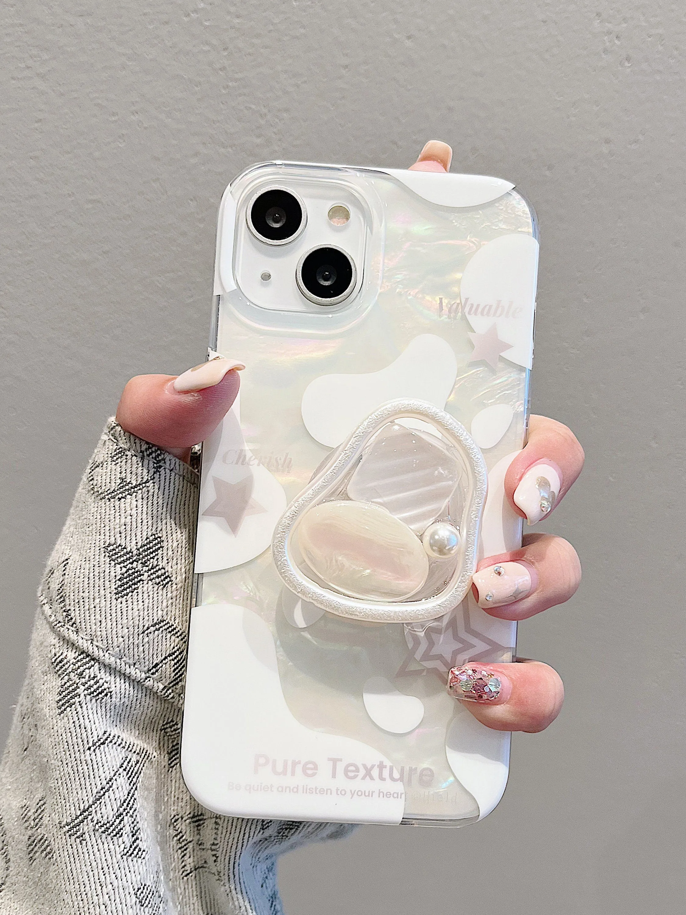 Cute Holographic Milk White Fairy Shell Pattern Design with Stand & Pearl Strap Protective Phone Case for iPhone 11 12 13 14 15 Pro Max Case