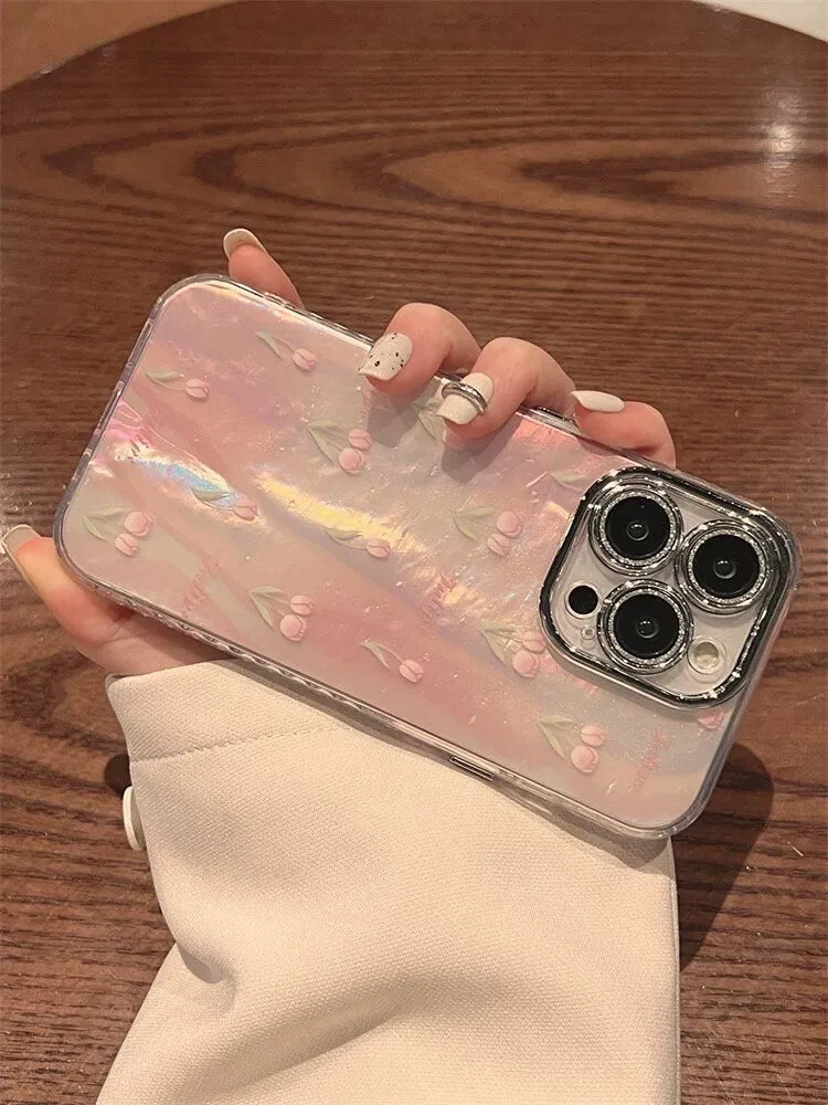 Cute Pink Pearlescent Holographic Floral Tulips with Silver Bling Camera Lens Design Protective Phone Case for iPhone 12 13 14 15 Pro Max