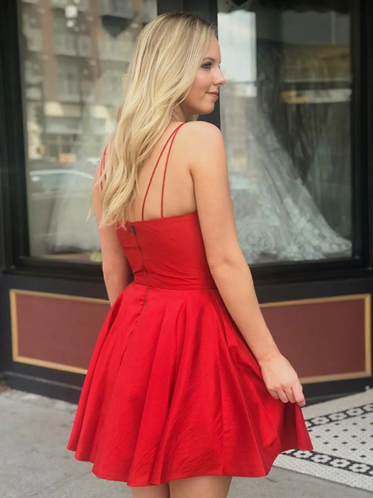 Cute V Neck Open Back Red Satin Short Prom Dresses, Open Back Red Homecoming Dresses, Red Formal Evening Dresses