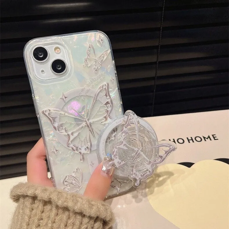 Cute White Pearlescent Holographic Silver Gray Butterfly Print Design Protective Phone Case   Pop Up Stand for iPhone 11 12 13 14 15 Pro Max