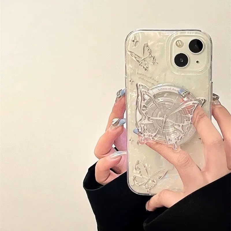 Cute White Pearlescent Holographic Silver Gray Butterfly Print Design Protective Phone Case   Pop Up Stand for iPhone 11 12 13 14 15 Pro Max