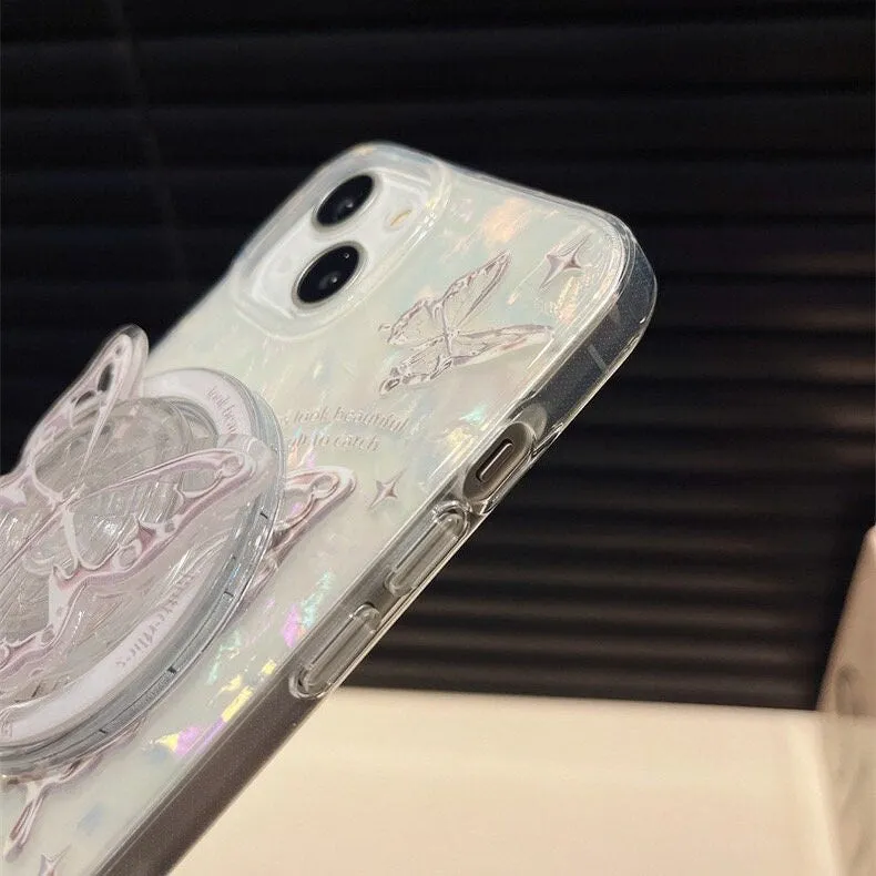 Cute White Pearlescent Holographic Silver Gray Butterfly Print Design Protective Phone Case   Pop Up Stand for iPhone 11 12 13 14 15 Pro Max