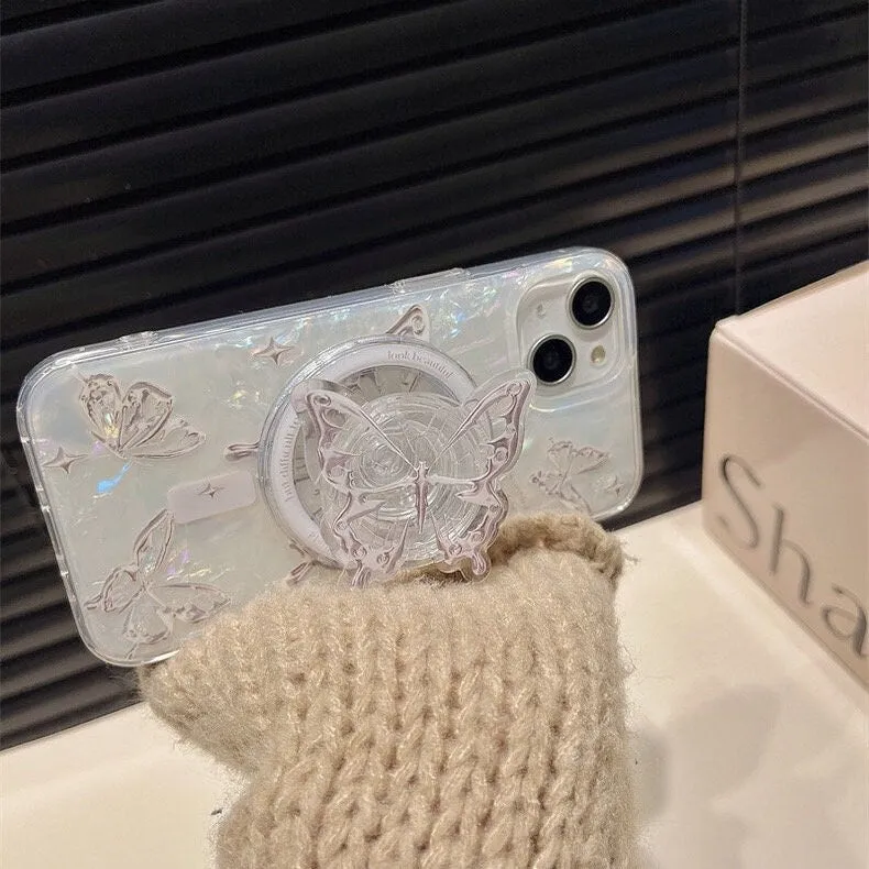 Cute White Pearlescent Holographic Silver Gray Butterfly Print Design Protective Phone Case   Pop Up Stand for iPhone 11 12 13 14 15 Pro Max