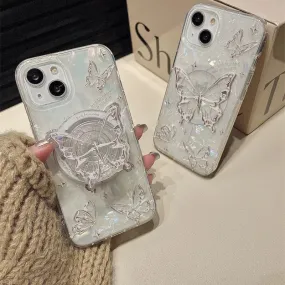 Cute White Pearlescent Holographic Silver Gray Butterfly Print Design Protective Phone Case   Pop Up Stand for iPhone 11 12 13 14 15 Pro Max