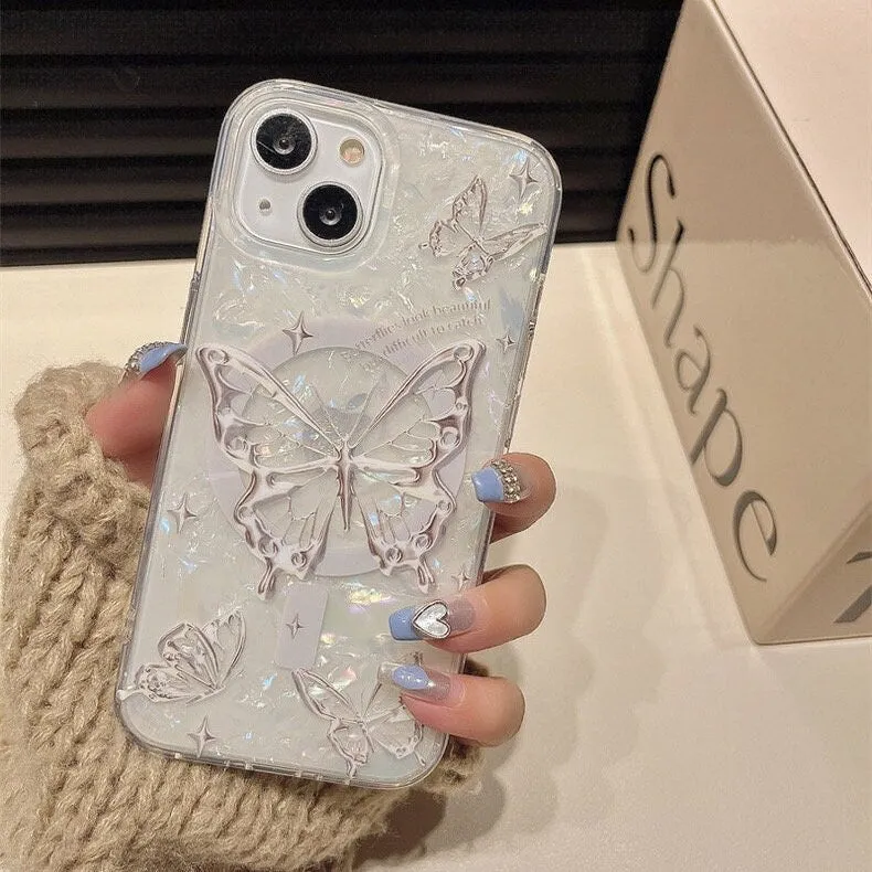 Cute White Pearlescent Holographic Silver Gray Butterfly Print Design Protective Phone Case   Pop Up Stand for iPhone 11 12 13 14 15 Pro Max