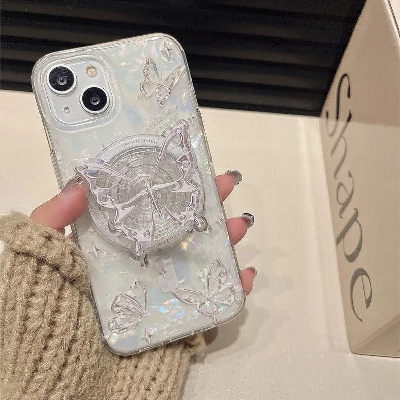 Cute White Pearlescent Holographic Silver Gray Butterfly Print Design Protective Phone Case   Pop Up Stand for iPhone 11 12 13 14 15 Pro Max