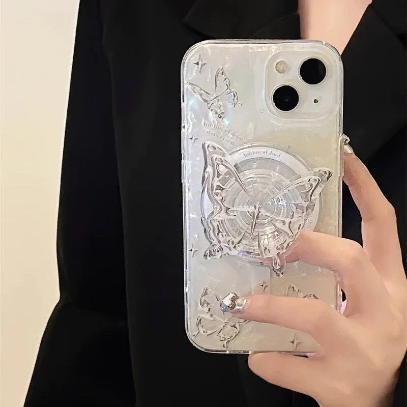 Cute White Pearlescent Holographic Silver Gray Butterfly Print Design Protective Phone Case   Pop Up Stand for iPhone 11 12 13 14 15 Pro Max