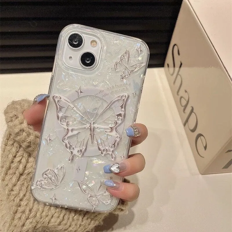 Cute White Pearlescent Holographic Silver Gray Butterfly Print Design Protective Phone Case   Pop Up Stand for iPhone 11 12 13 14 15 Pro Max