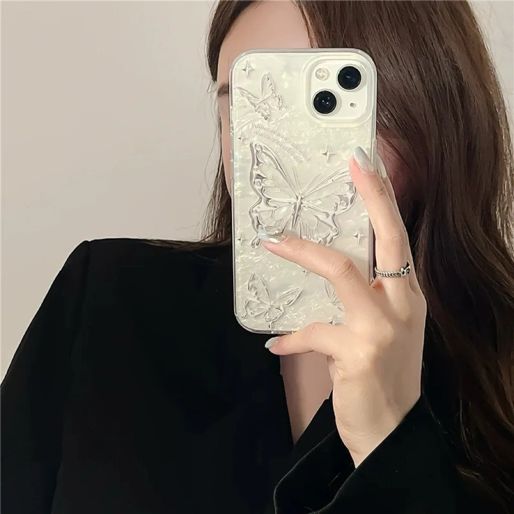 Cute White Pearlescent Holographic with Silver Gray Butterflies Print Design Protective Phone Case for iPhone 11 12 13 14 15 Pro Max