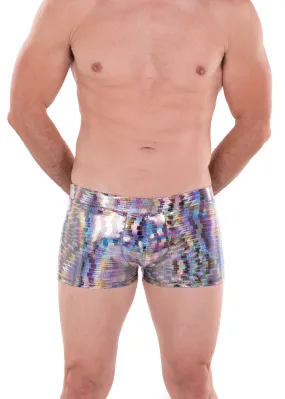 Dazzle Blue Holographic Men's Brief Booty Shorts // Square Front Swim Trunks Festival Shorts