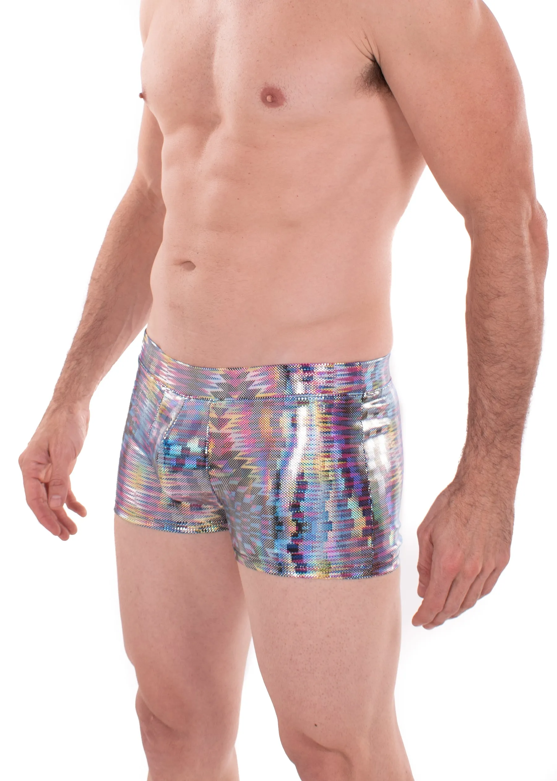 Dazzle Blue Holographic Men's Brief Booty Shorts // Square Front Swim Trunks Festival Shorts