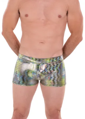 Dazzle Green Holographic Men's Brief Booty Shorts // Square Front Swim Trunks Festival Shorts