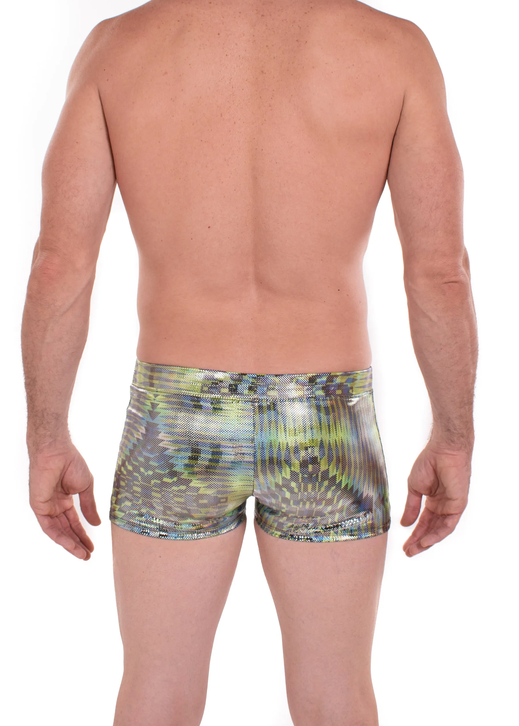 Dazzle Green Holographic Men's Brief Booty Shorts // Square Front Swim Trunks Festival Shorts