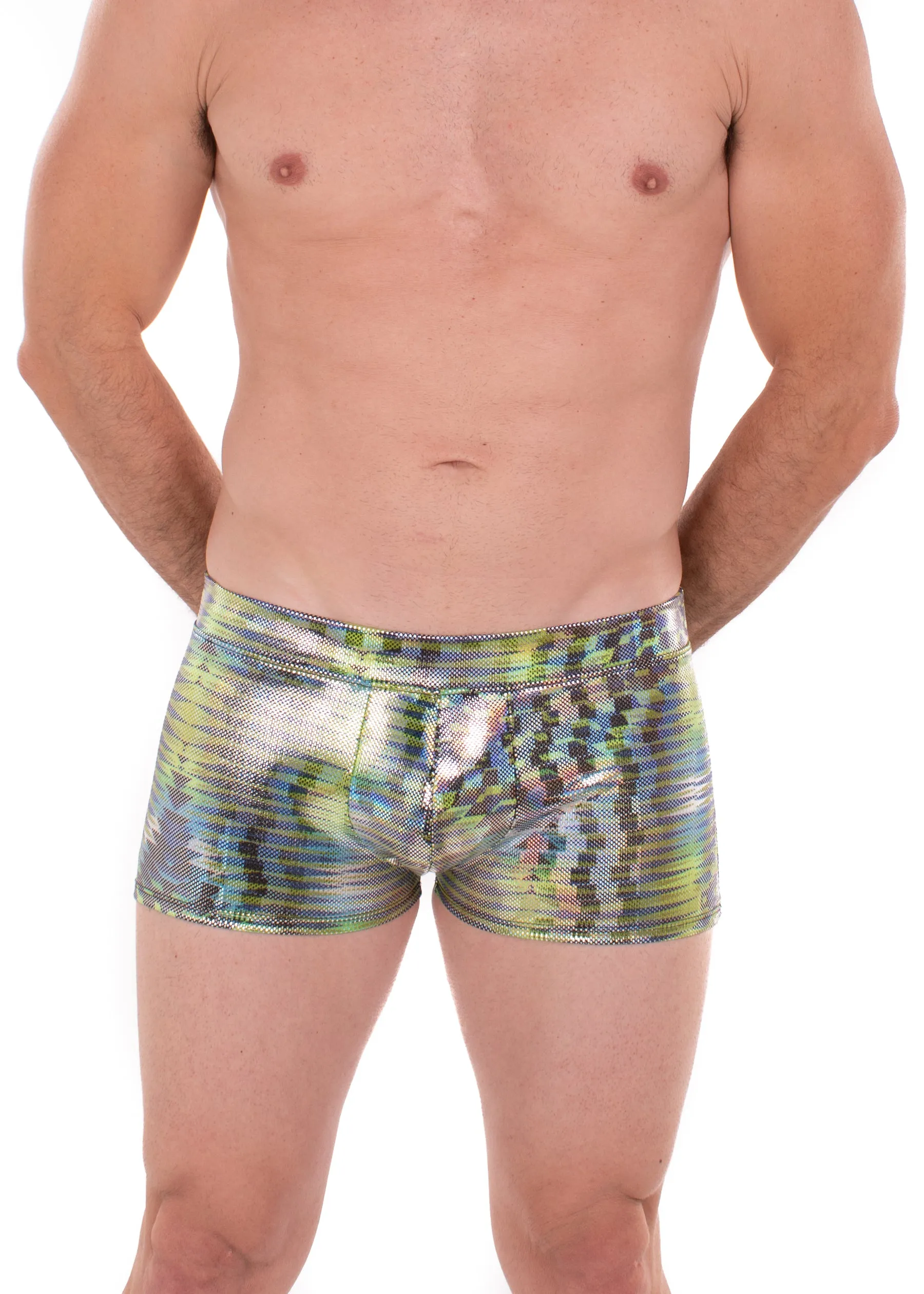 Dazzle Green Holographic Men's Brief Booty Shorts // Square Front Swim Trunks Festival Shorts