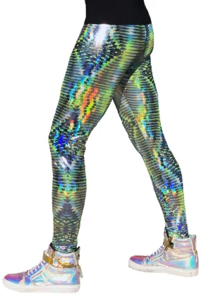 Dazzle Green: Holographic UV Blacklight Reactive Meggings - Abstract Trippy Tribal Print Mens Leggings