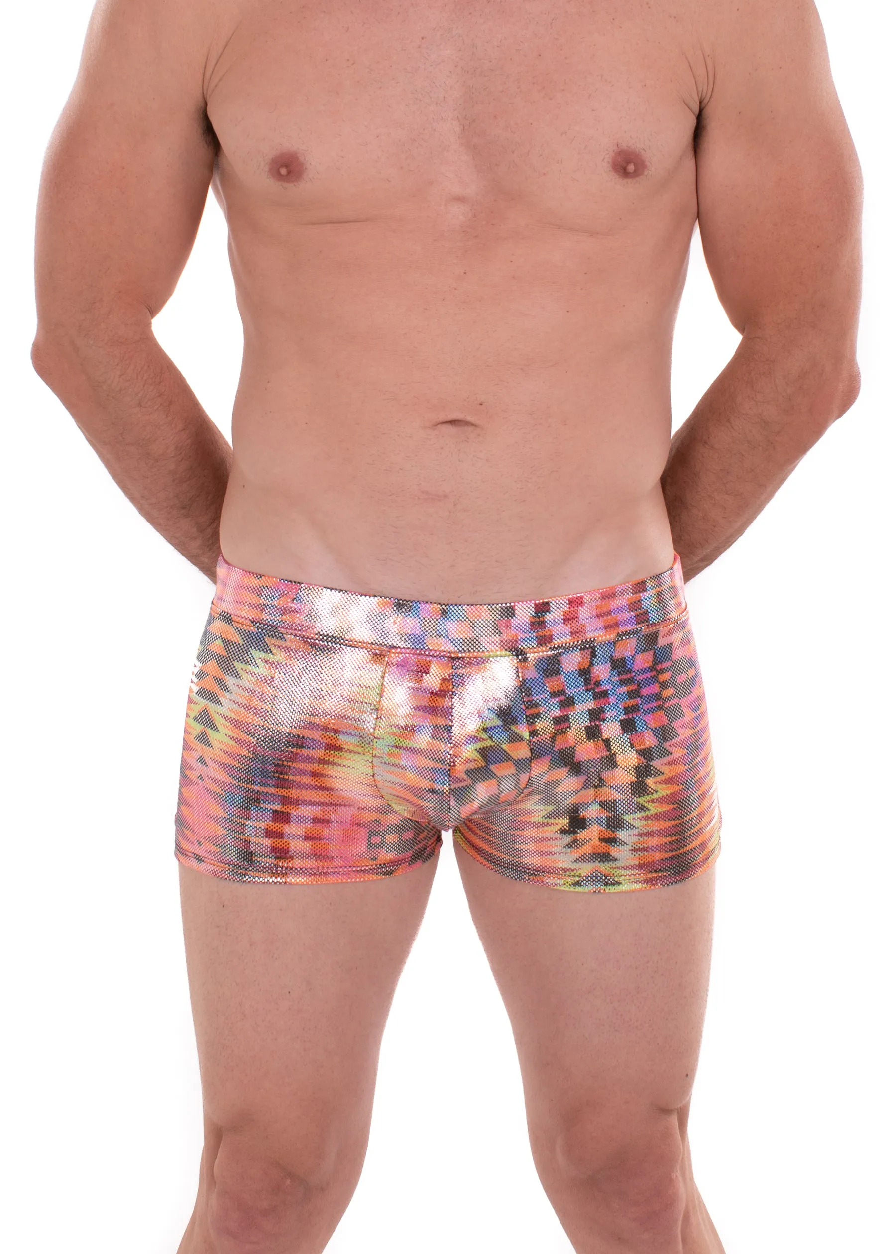 Dazzle Orange Holographic Men's Brief Booty Shorts // Square Front Swim Trunks Festival Shorts