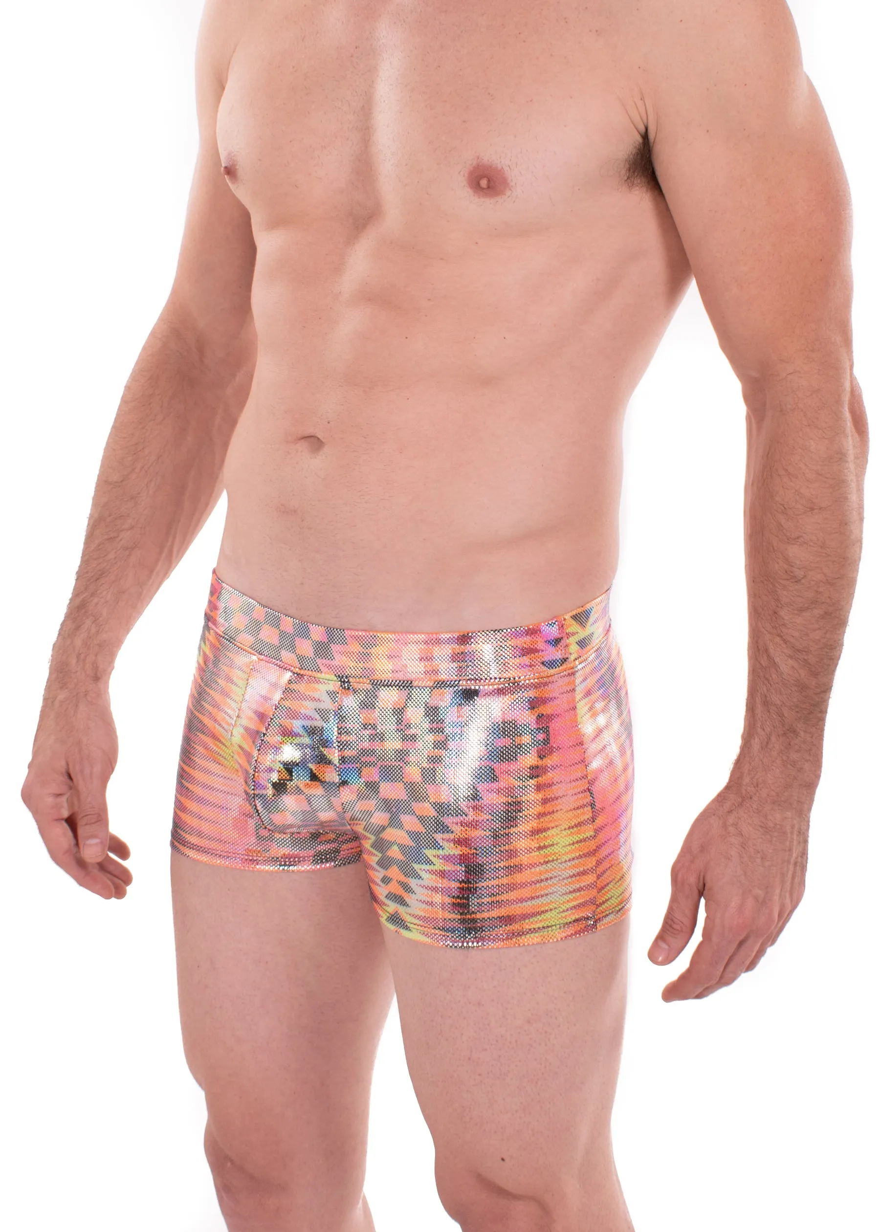 Dazzle Orange Holographic Men's Brief Booty Shorts // Square Front Swim Trunks Festival Shorts