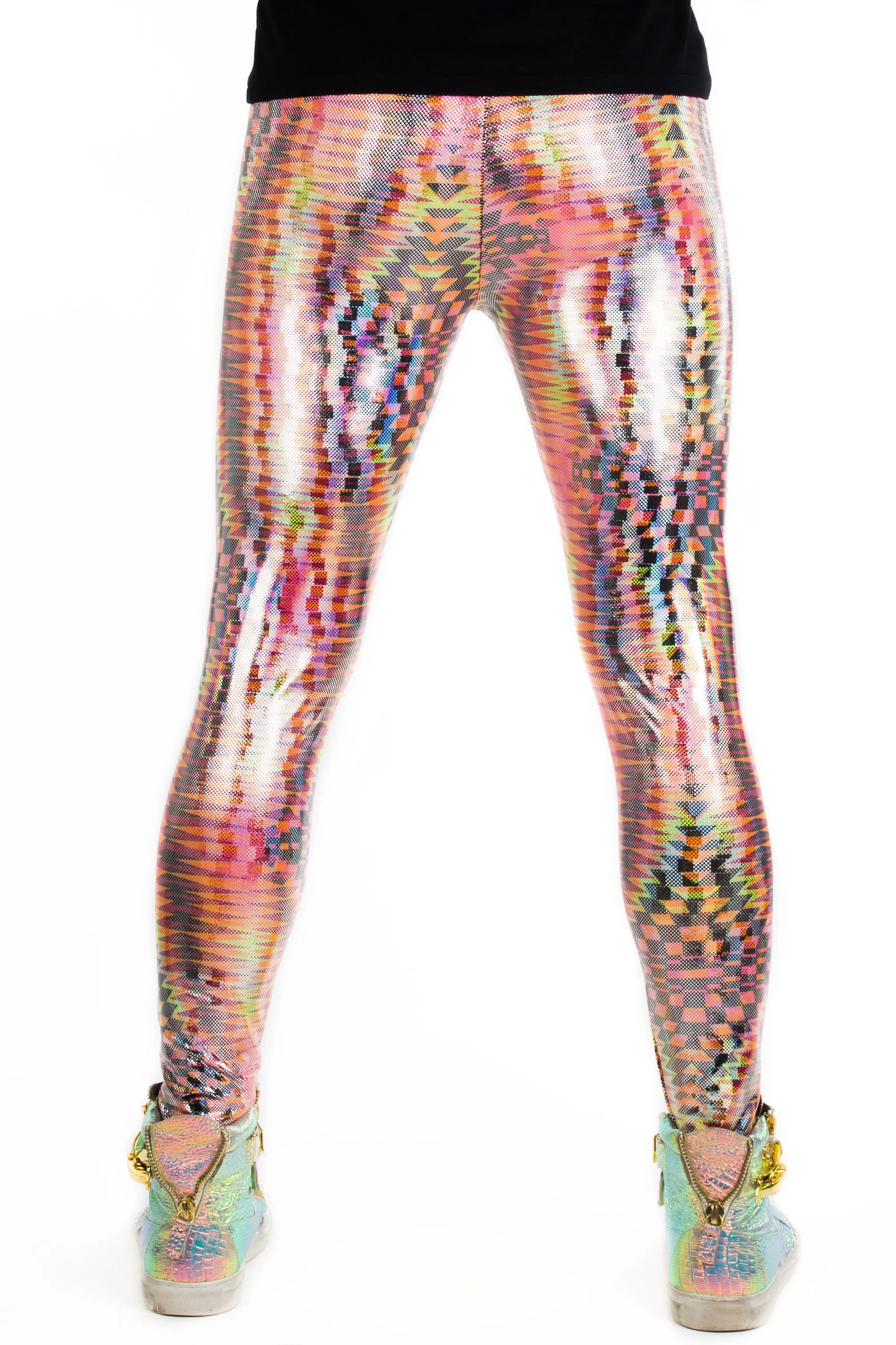 Dazzle Orange: Holographic UV Blacklight Reactive Meggings - Abstract Trippy Tribal Print Mens Leggings