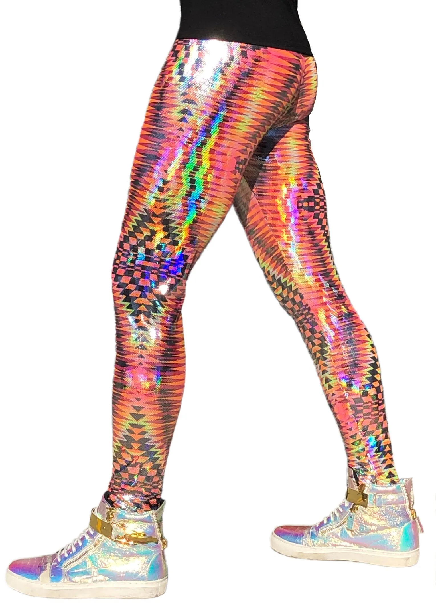 Dazzle Orange: Holographic UV Blacklight Reactive Meggings - Abstract Trippy Tribal Print Mens Leggings