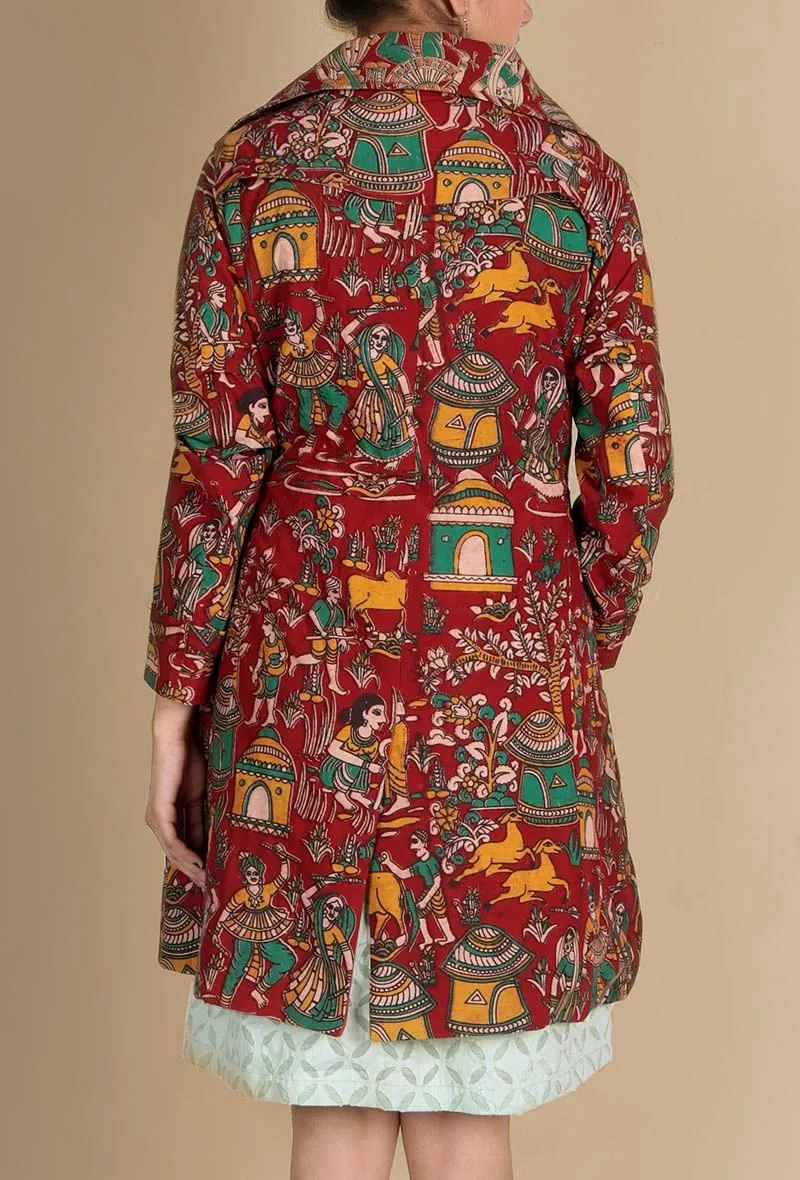 Deep Red Kalamkari Trench Coat With Wooden Buttons