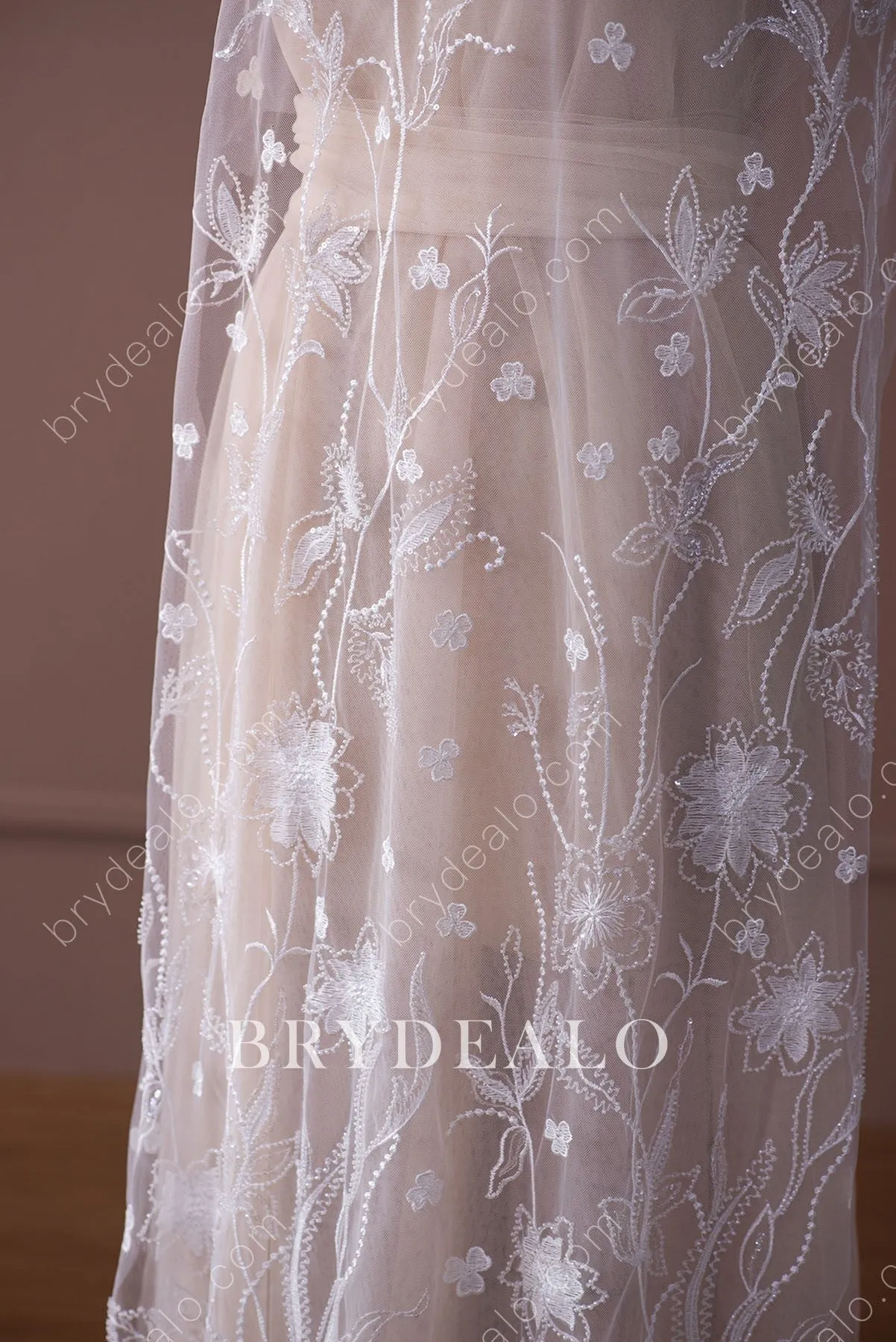 Designer Elaborate Sequin Bloom Lace Fabric Online For Dresses