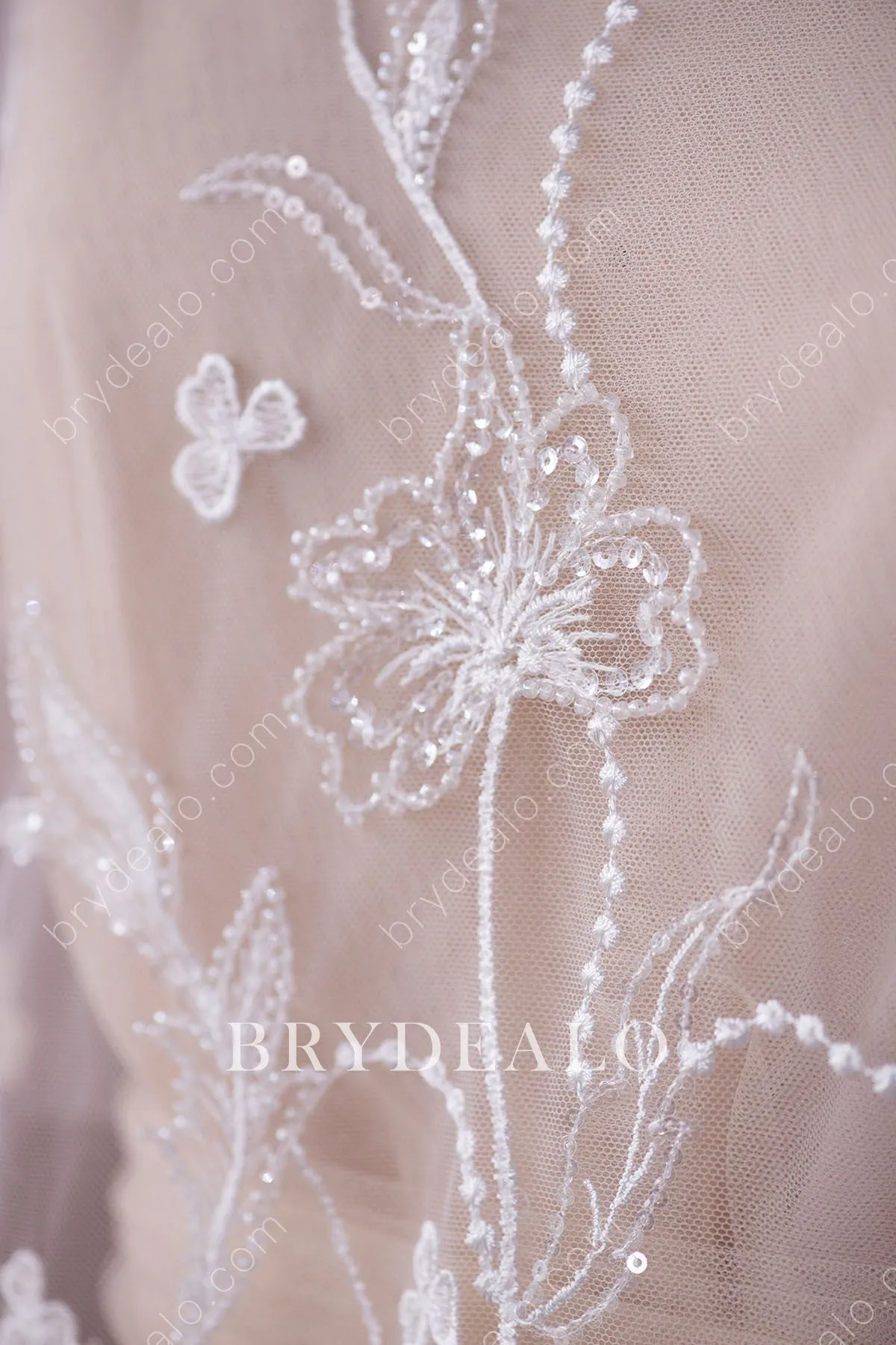 Designer Elaborate Sequin Bloom Lace Fabric Online For Dresses