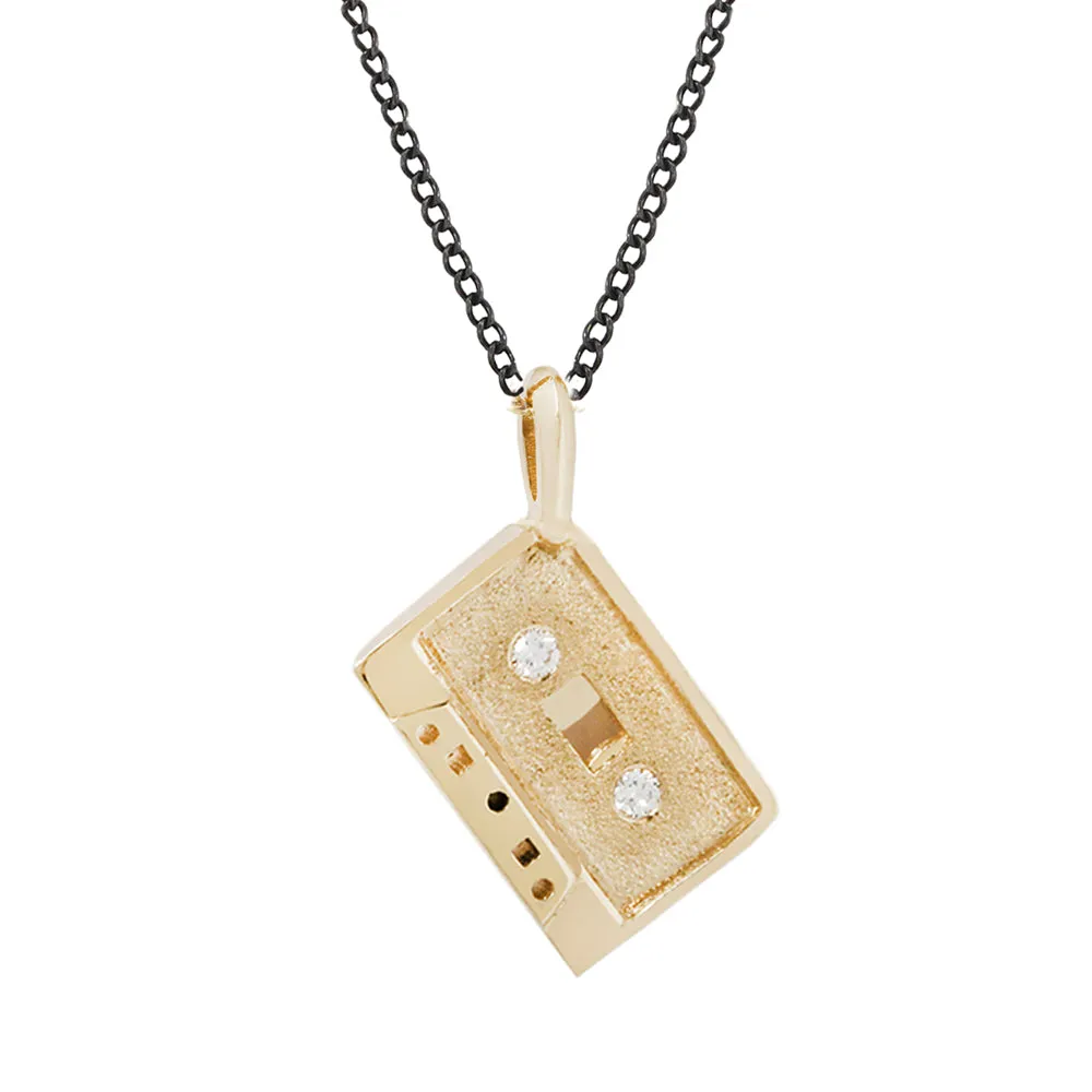 Diamond Accented Yellow Gold Medium Mixtape Pendant & Oxidized Silver Curb Chain