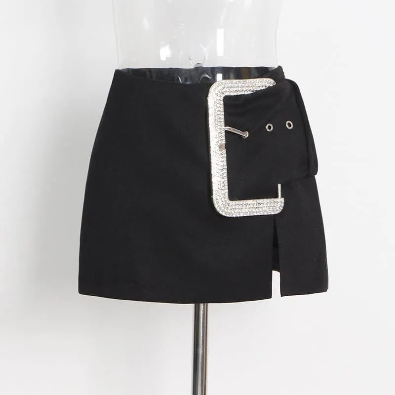 Diamond buckle decoration slit sexy skirt