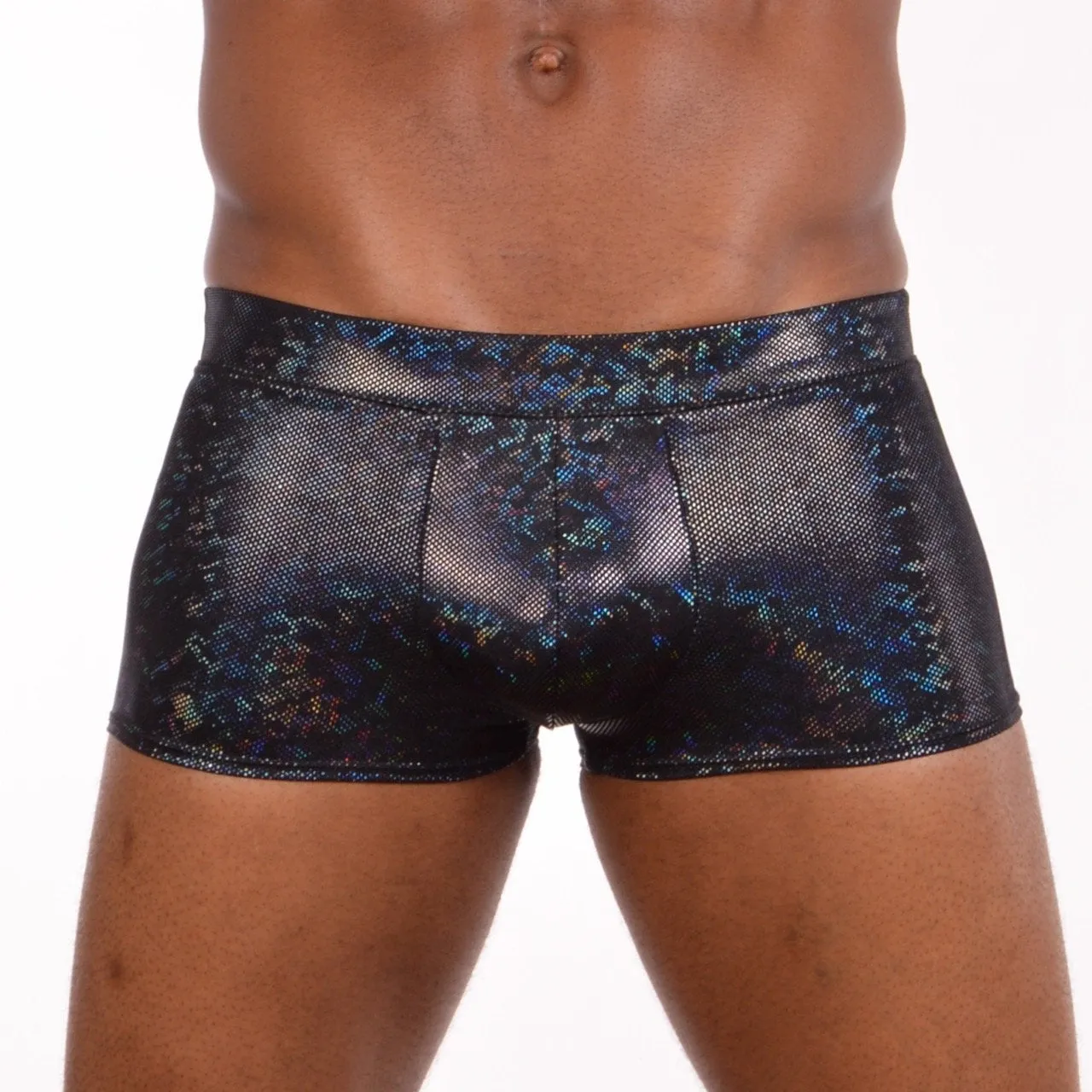 Disco Black Holographic Men's Booty Shorts With Front Pouch - Disco Ball