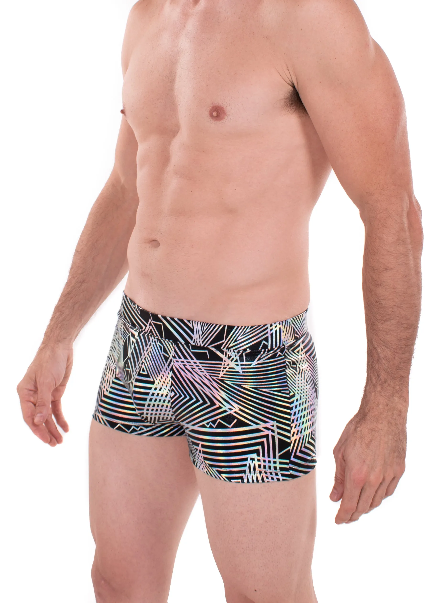 Disco Daze - Men's Booty Shorts, square cut holographic swim trunks