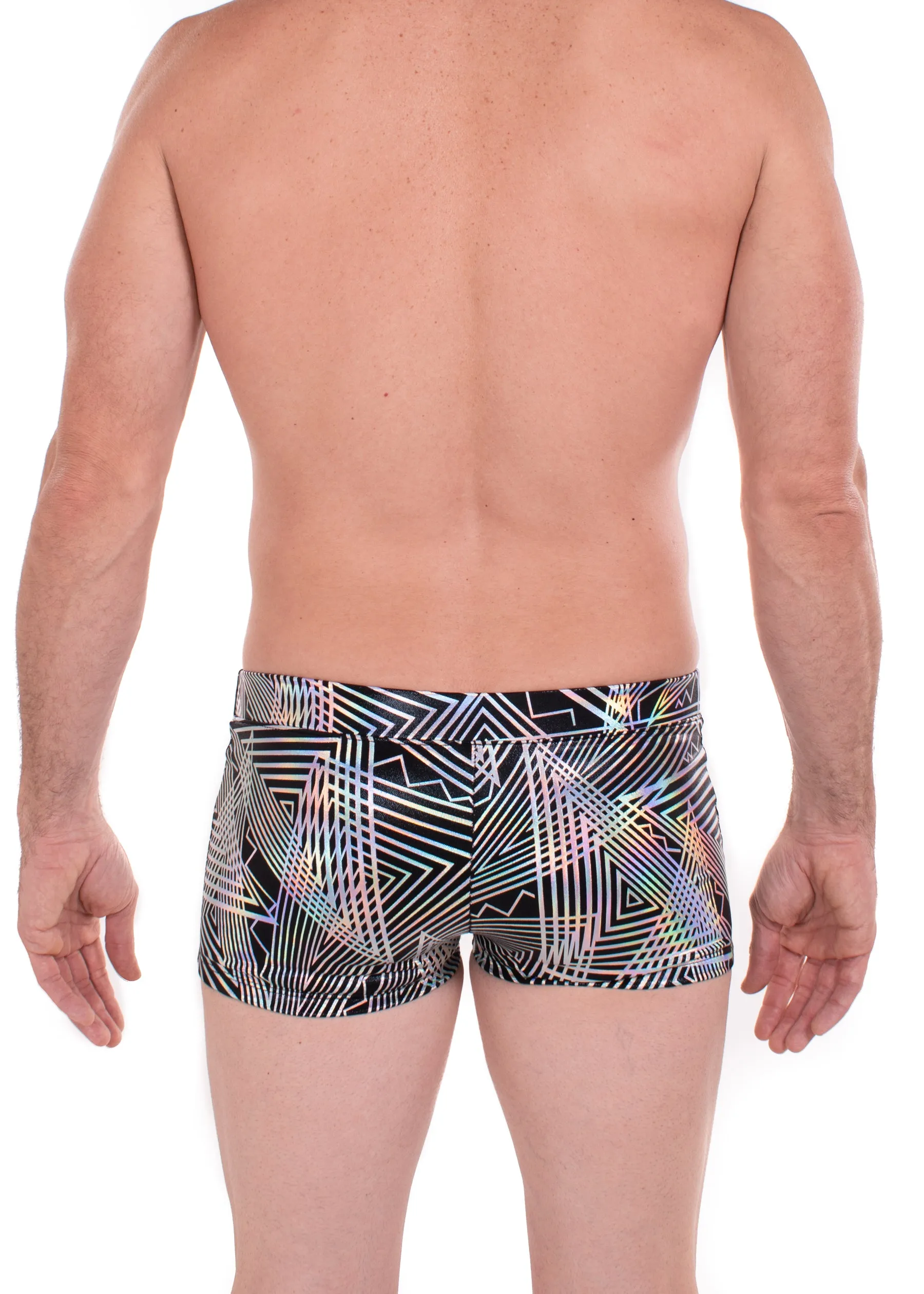 Disco Daze - Men's Booty Shorts, square cut holographic swim trunks