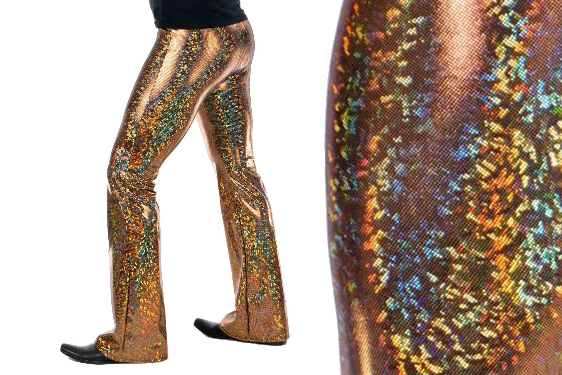 Disco Gold: Holographic Golden Mens Flares - 70's Mens Bell Bottoms