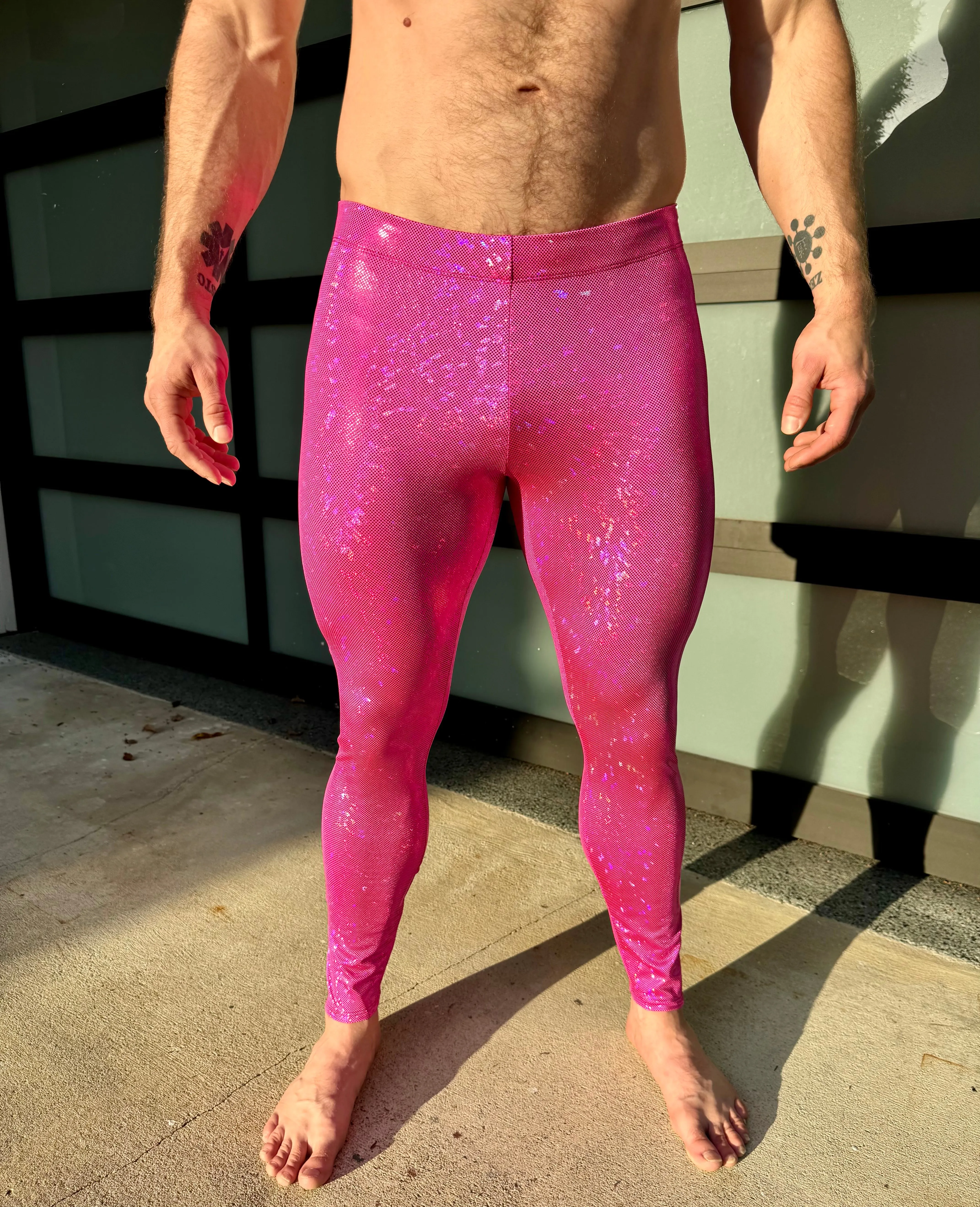 Disco Pink: Holographic Disco Pink Meggings - Pink Party Mens Leggings