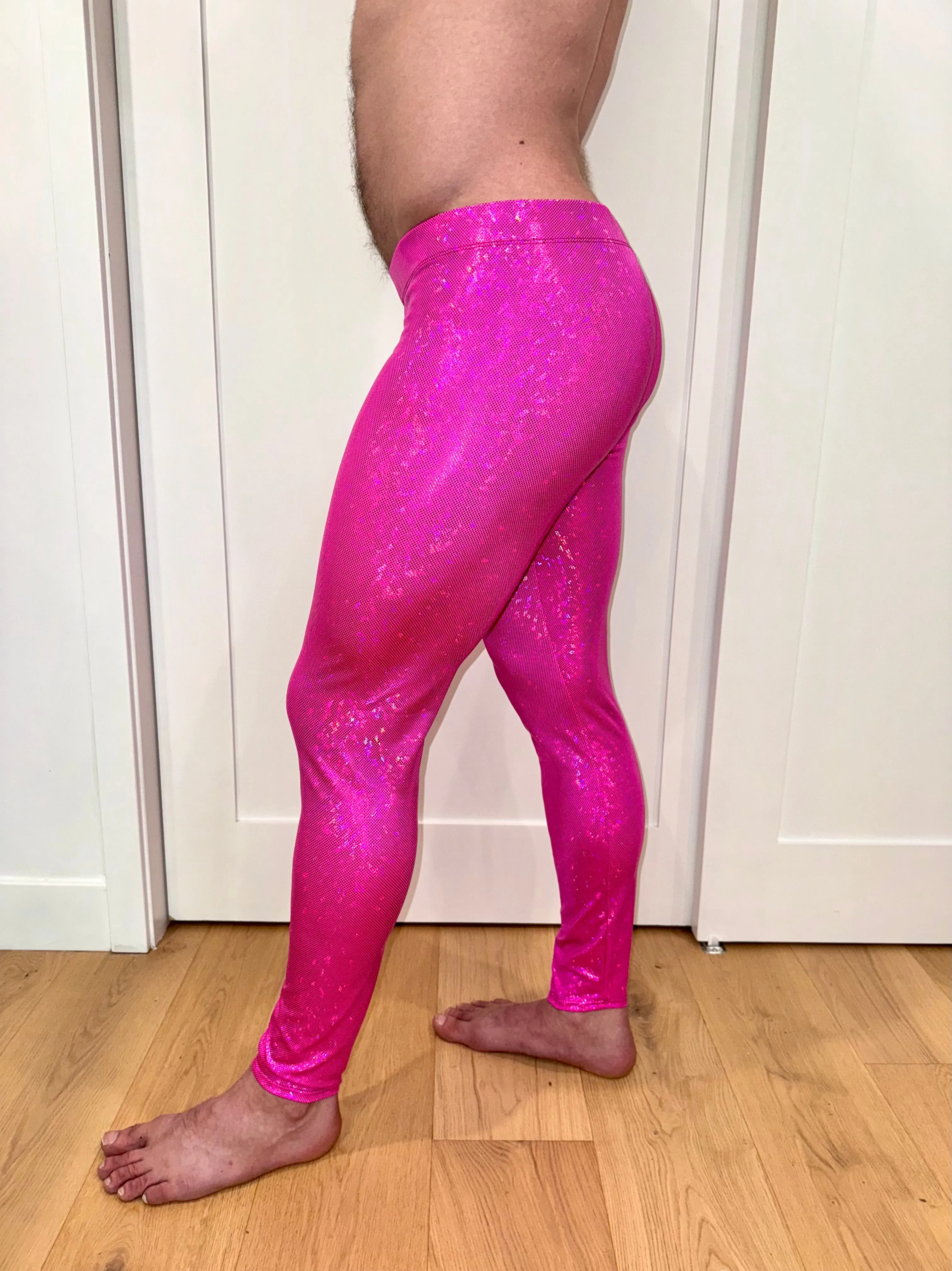 Disco Pink: Holographic Disco Pink Meggings - Pink Party Mens Leggings